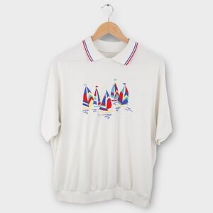 Vintage Sailboat Embroidered Polo Shirt White 90s Nautical L